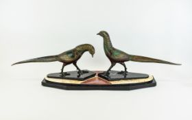 Art Deco Period Large and Impressive Hand Painted Spelter Group Figure of Two Pheasants, Raised on a
