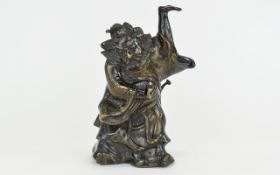 Japanese - Early 20th Century Heavy Bronze Mythical Figure Holding an Object In His Left Hand