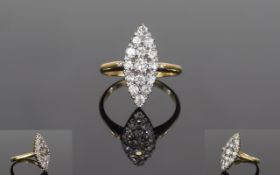 Antique Period 18ct Gold Set Marquise Shaped Diamond Cluster Ring Set with old and cushion cut