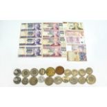 Small Mixed Lot Of Modern Banknotes And Coins.