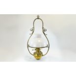 Antique - Nice Quality Brass Hanging / Ceiling Oil - Kerosene Lamp, Complete with Original Milk
