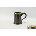 Early Victorian Quart Pewter Drinking Tankard with Brass Rim, Marked with Crown, Over V.R,