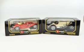 Two Collectable Burago Cars. One Red Mercedes Benz 500k Roadster(1936. Scale 1/20 and .One Cream and