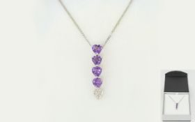 Ladies 9ct White Gold and Amethyst and Diamond Drop Pendant,