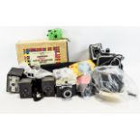 Collection Of Cameras And Related to Include Johnson Photo Colouring Outfit, Minolta 7, Taron,