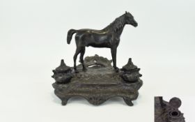 An Early 20th Century Attractive Spelter Desk Top - Twin Ink Well Stand, with Well Modelled Bronze