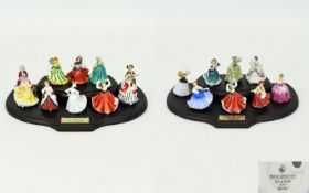 Royal Doulton Miniature Ladies Collection ( 16 ) Figurines In Total, with Wooden Display Stands.