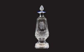 Antique Nice Quality Silver and Blue Enamel Topped Cut Glass And Engraved Scent Bottle. marked