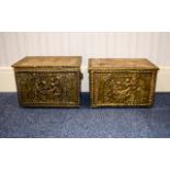 Two Brass Coal Scuttles Two rectangular hinged boxes with embossed medieval banquet scene to top.
