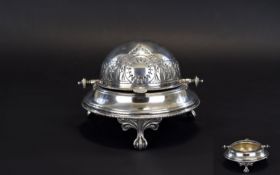 Victorian Period Fine Quality Silver Plated Dome Shaped Swivel Lidded Butter Dish of Circular
