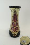 Moorcroft Modern Tubelined Tall Vase of waisted form 'Foxgloves' design. Designer Rachel Bishop