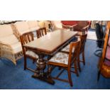 20thC Oak Dining Table and Four Chairs, pineapple supports