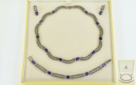 A Ladies Nice Quality and Vintage Silver Amethyst and Marcasite Set Choker / Necklace with