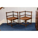 Pair of Victorian Barley Twist Corner Chairs with rush seats. 27 inches high. The seat measures 17