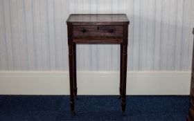 Victorian Mahogany Work Table with single drawer. Raised on turn supports with castors. 29 by 18