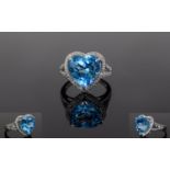 14ct White Gold Diamond & Topaz Ring, Central Heart Shaped Blue Topaz (Approx 6.
