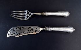 Antique Silver Plated Fish Servers Comprising Large serving fork and ornate fish knife with