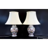 Pair of 20thC Square Oriental Decorated Table Lamps Imari decoration raised on wooden bases height