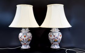 Pair of 20thC Square Oriental Decorated Table Lamps Imari decoration raised on wooden bases height