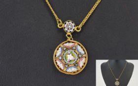 Antique Gilt Metal Set Fine Quality Circular Mosaic Pietra Dura Pendant with floral decoration and