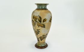 Royal Doulton Very Fine and Impressive Tube lined Tall Faience Vase with Raised Decoration of Leaves