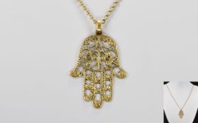 9ct Gold - Open worked Pendant Drop with Attached Long 9ct Gold Chain.