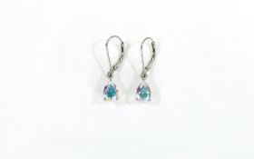 Pair of Mercury Mystic Topaz Drop Earrings, each earring comprising a pear cut solitaire topaz of 1.