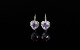 Rose de France Amethyst and White Topaz Heart Shaped Drop Earrings,