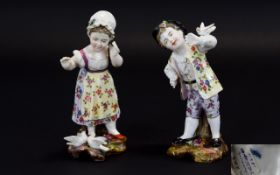 Volkstedt - Late 19th Century Fine Pair of Hand Painted Small Porcelain Figurines of Young Boy and