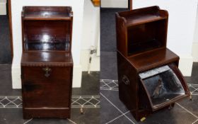 Dark Wood Coal Scuttle Small cabinet in dark aged oak with front metal lined,