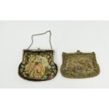 Edwardian Pair of Needlepoint Ladies Petit Point Fabric Evening Bags / Purses with Floral and