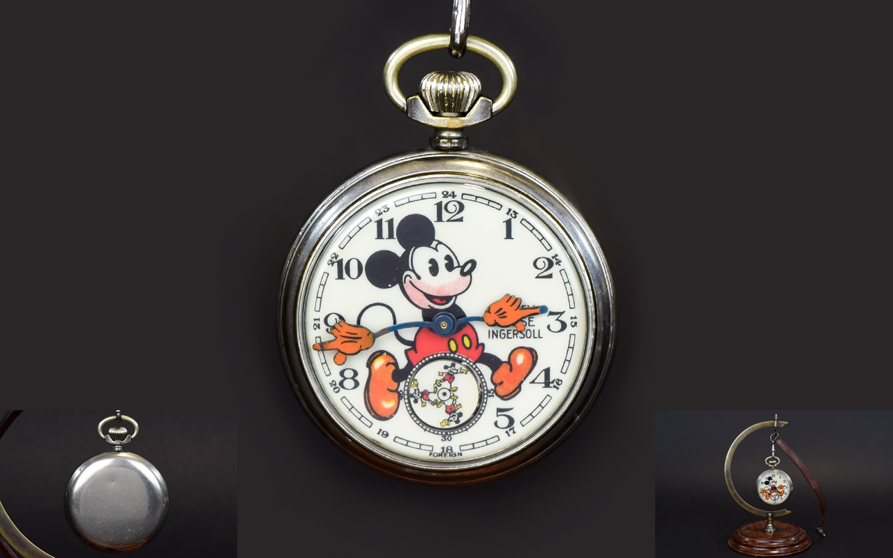 Ingersoll Mickey Mouse Chrome Cased Mechanical Pocket Watch. c.1930's. With Original Watch Fob.