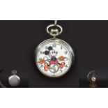 Ingersoll Mickey Mouse Chrome Cased Mechanical Pocket Watch. c.1930's. With Original Watch Fob.