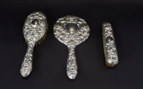 Edwardian Period Ornate and Embossed Ladies 3 Piece Vanity Set. Hallmark Birmingham 1912.