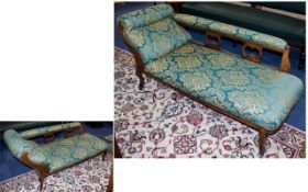 Victorian Chaise Longue, Of Typical Form Upholstered In Green Fabric ,