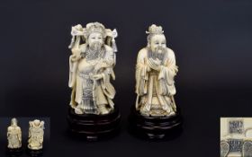 Japanese - Important Late 19th Century Tokyo School Pair of Very Fine and Signed Carved Ivory