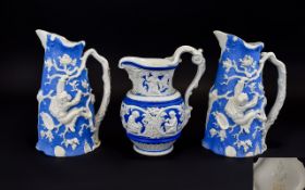 Pair of T J & J Mayer 'Boy and Bird's Nest' Overlaid Parian Jugs and a Meigh 'Four Seasons' Jug,