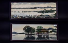 A Pair Of Decorative Woven Oriental Landscape Panels Each framed and depicting oriental landscapes