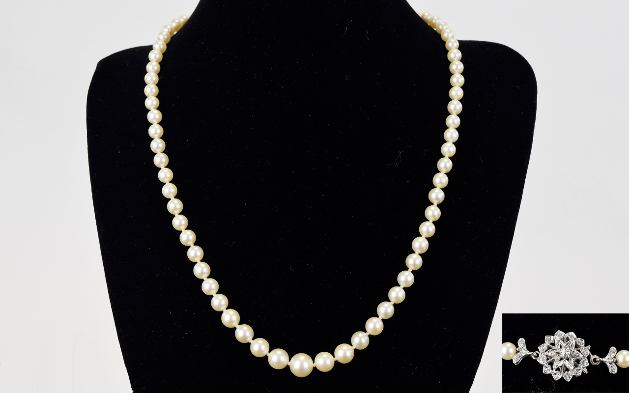1930's Period Very Fine Quality Single Strand Cultured Pearl Necklace with 18ct White Gold and