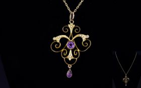 Victorian Period - Aesthetic Nice Quality 9ct Gold Amethyst and Seed Pearl Open Worked Pendant Drop