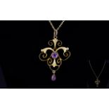 Victorian Period - Aesthetic Nice Quality 9ct Gold Amethyst and Seed Pearl Open Worked Pendant Drop