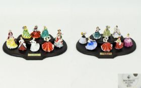 Royal Doulton Miniature Ladies Collection ( 16 ) Figurines In Total, with Wooden Display Stands.