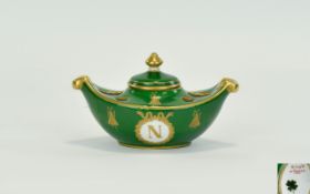 French First Empire 1804 - 1815 Period Sevres Style Lidded Ink Well In Green Colour and Painted