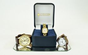 Citizen Ladies Wristwatch with gold coloured strap together with two other watches and a London