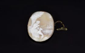 1920's / 1930's Silver Mounted Large Oval Shaped Shell Cameo with Safety Chain ( Silver ) The Shell