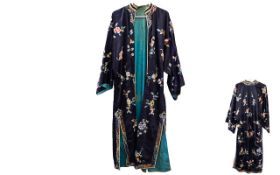 Vintage Japanese Silk Robe Black silk robe with machine embroidered blossom,