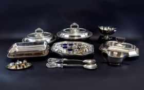 Collection Of Silver Plated Items, Comprising Lidded Tureens, Gravy Boat, Salad Servers,