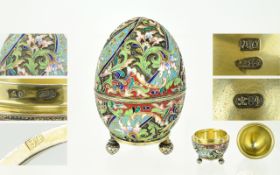 Russian Very Fine Silver Gilt and Enamel / Cloisonne Egg and Stand.