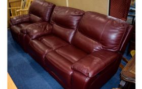 Modern Burgundy Leather Sofa, Comprises 3 Separate Chairs, That Form to Make One,