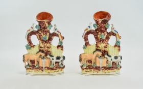 Staffordshire 19th Century Pair of Figure Group Spill Vases In Painted Bright Colours. c.